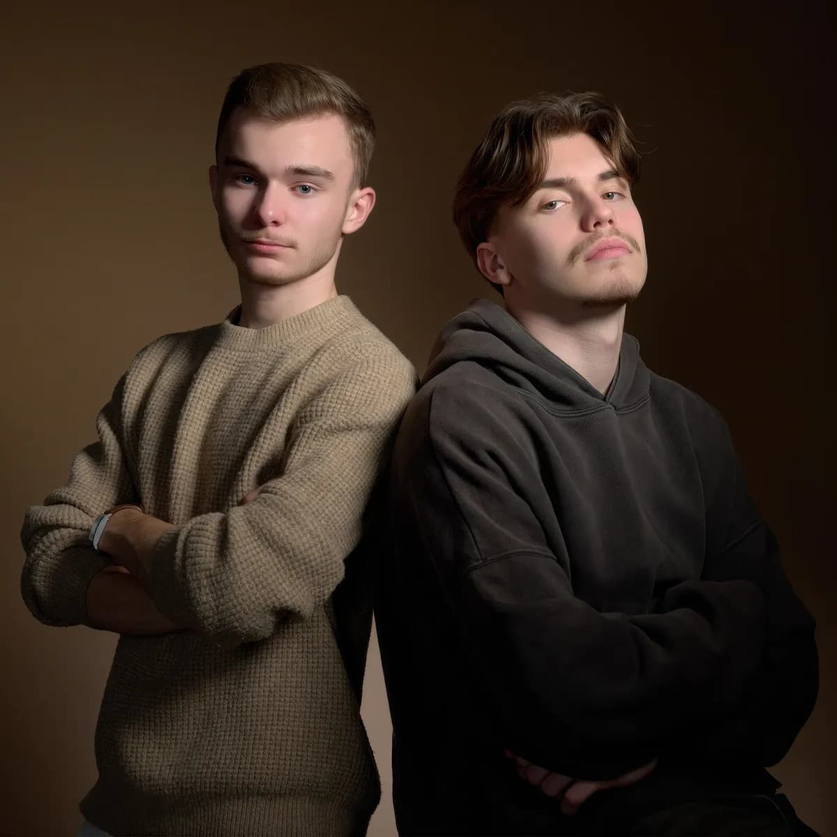 Portrait de deux jeunes hommes dos à dos